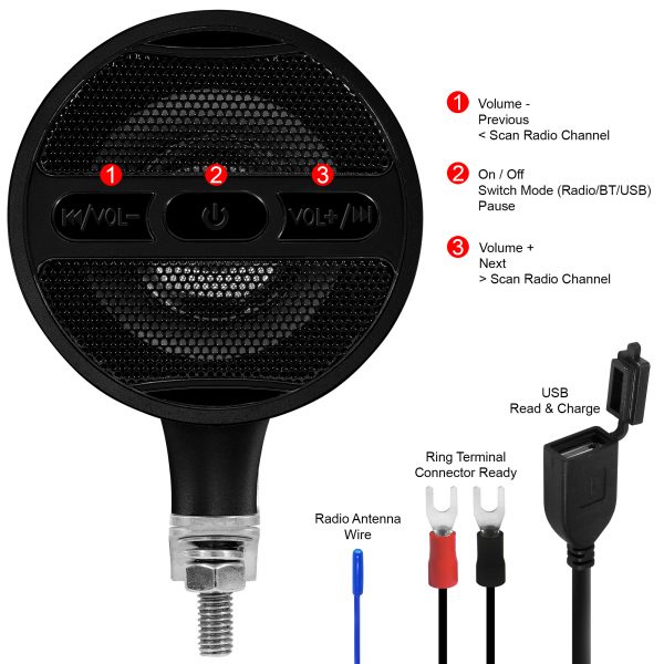 GoHawk AN3-A 3 in. Aluminum All-in-One Bluetooth Motorcycle Stereo Speakers (Satin Black) - Image 3