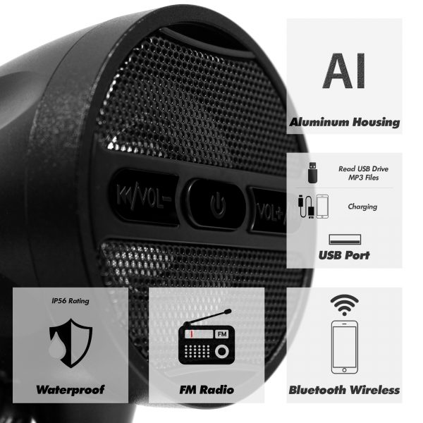 GoHawk AN3-A 3 in. Aluminum All-in-One Bluetooth Motorcycle Stereo Speakers (Satin Black) - Image 2
