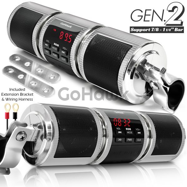 GoHawk RD8 Gen. 2 All-in-One Soundbar Waterproof Bluetooth Motorcycle Stereo Speakers (Silver)