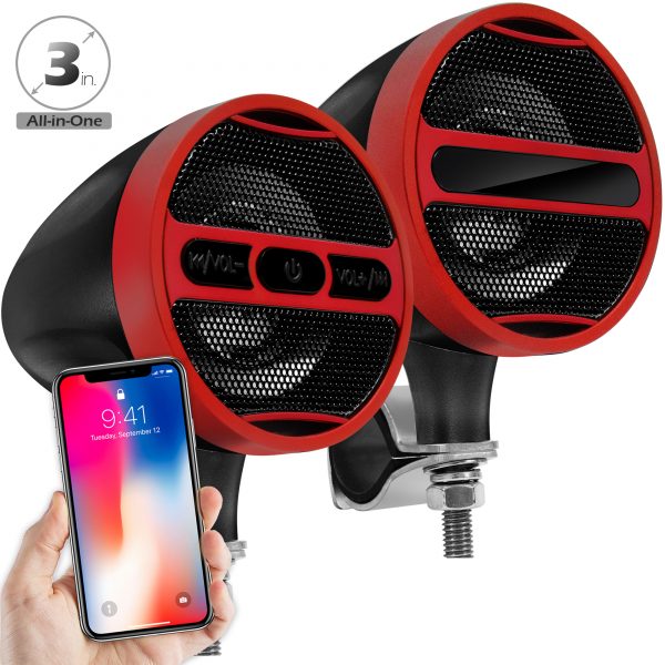 GoHawk AN3-A 3 in. Aluminum All-in-One Bluetooth Motorcycle Stereo Speakers (Satin Red Black)