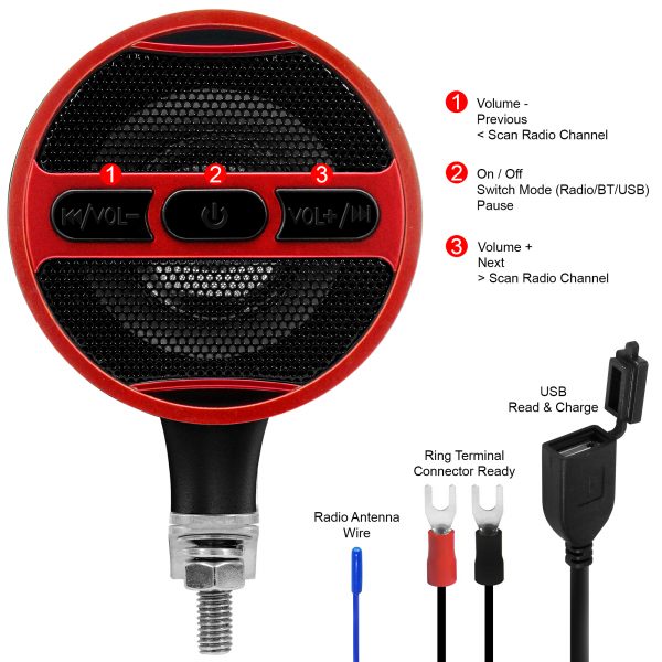 GoHawk AN3-A 3 in. Aluminum All-in-One Bluetooth Motorcycle Stereo Speakers (Satin Red Black) - Image 2