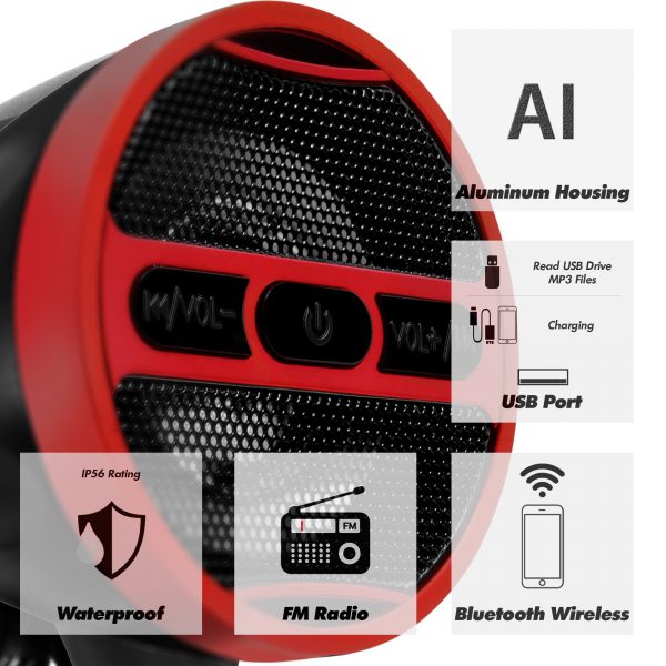 GoHawk AN3-A 3 in. Aluminum All-in-One Bluetooth Motorcycle Stereo Speakers (Satin Red Black) - Image 9