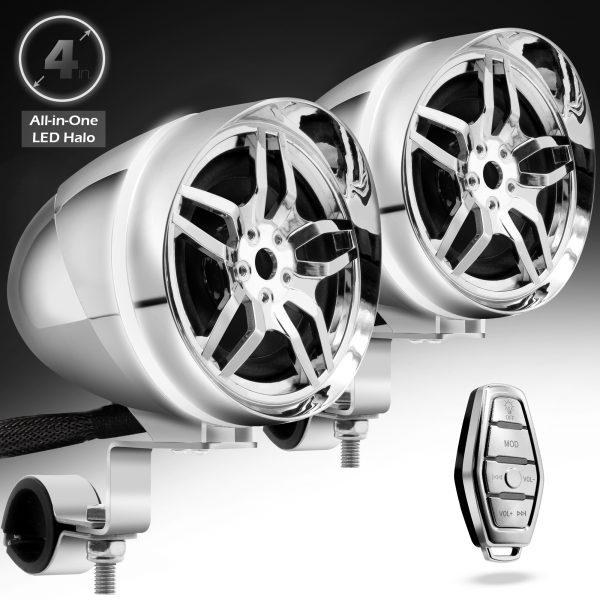 [Discontinued] GoHawk AR4-Halo LED 4 in. All-in-One Bluetooth Motorcycle Stereo Speakers (Chrome)