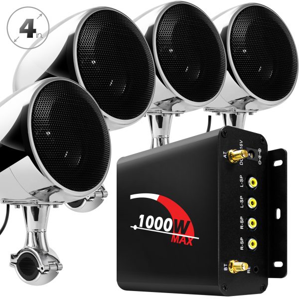 GoHawk TN4-Q 4 in. 1000W Bluetooth Motorcycle Stereo Speakers and Amplifier System (Chrome) [Bulk Packaging]