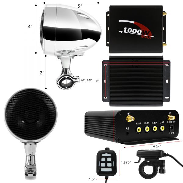 GoHawk TN4-Q 4 in. 1000W Bluetooth Motorcycle Stereo Speakers and Amplifier System (Chrome) [Bulk Packaging] - Image 5