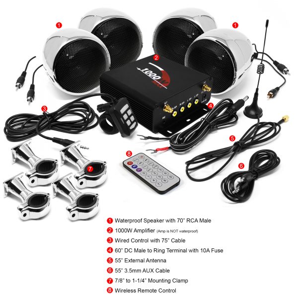 GoHawk TN4-Q 4 in. 1000W Bluetooth Motorcycle Stereo Speakers and Amplifier System (Chrome) [Bulk Packaging] - Image 6