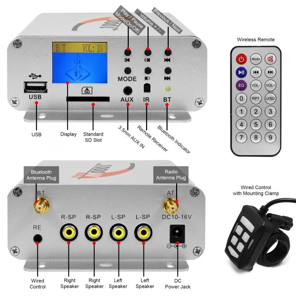 GoHawk TN4-Q 4 in. 1000W Bluetooth Motorcycle Stereo Speakers and Amplifier System (Chrome) MP059-CP - Image 2