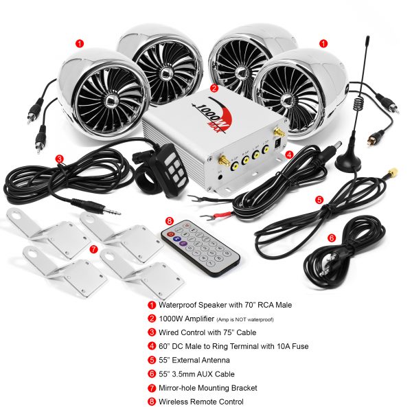 GoHawk TN4-Q 4 in. 1000W Bluetooth Motorcycle Stereo Speakers and Amplifier System (Chrome) MP059-CP - Image 3