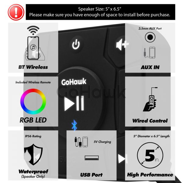 GoHawk TM5-QX 4-Channel Amplified Bluetooth Controller with 5" Waterproof LED Speakers + 2" Tweeter for ATVs UTVs - Image 2