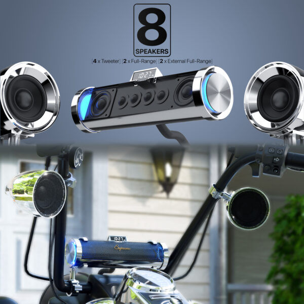 GoHawk RD88-S42 600W Waterproof Bluetooth Motorcycle Stereo 8 Speakers Soundbar (Chrome) - Image 3