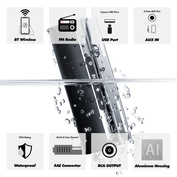 GoHawk RD8-X45 600W Waterproof Bluetooth Motorcycle Stereo Speakers Soundbar 4.5" Speakers (Chrome) - Image 4